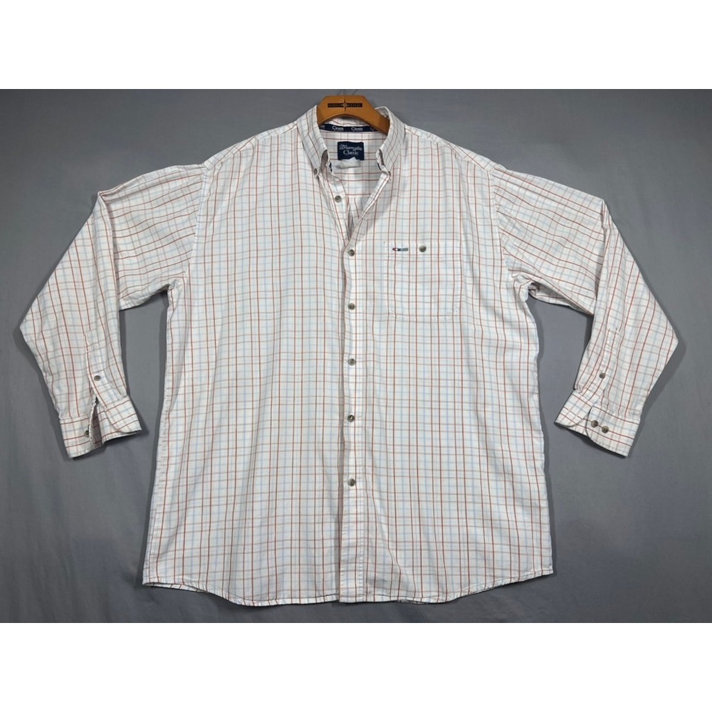 Wrangler Classic Mens XL Plaid Button Down Shirt Orange Blue White Long Sleeve